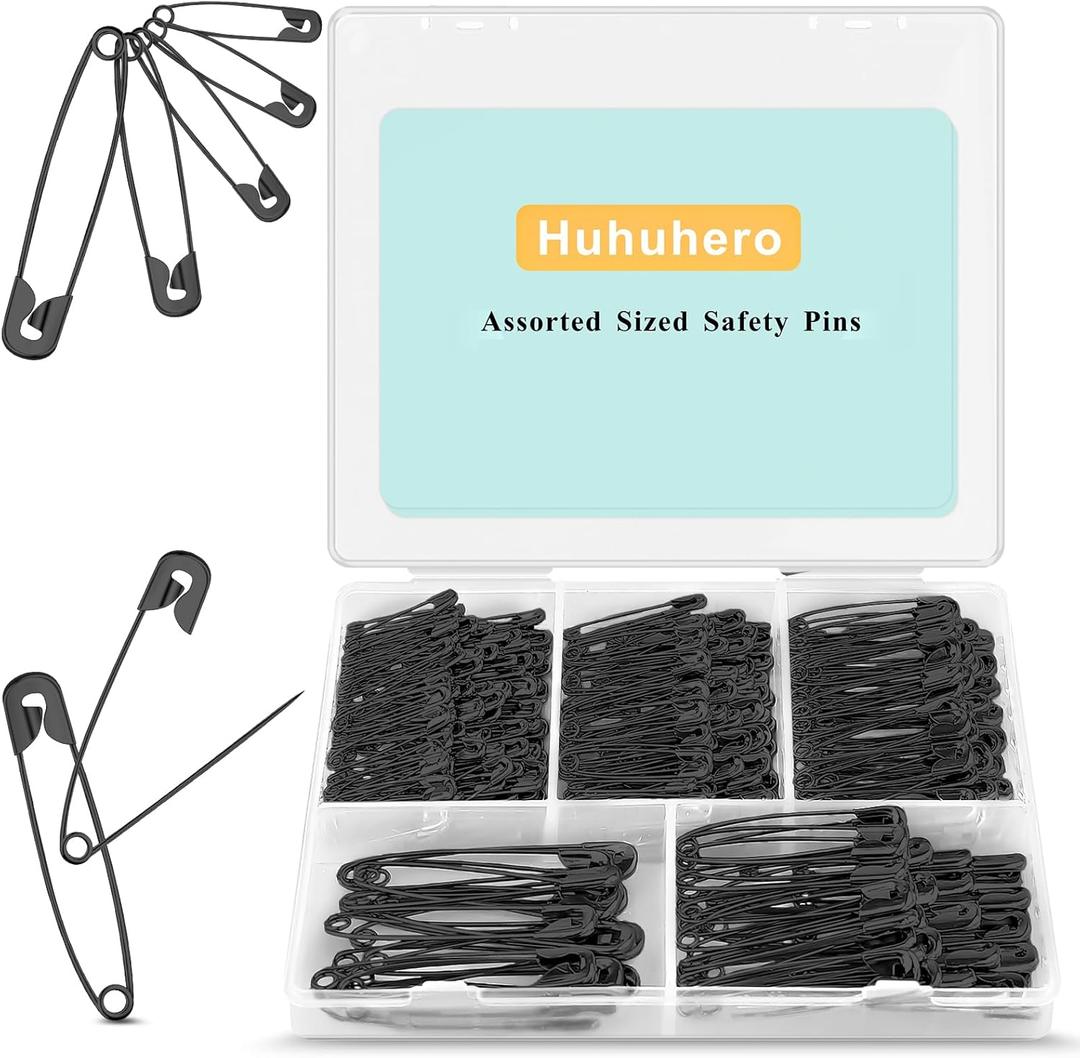 Safety Pins Assorted, 340 Pack Small & Large Heavy Duty Safety Pins for Clothes Sewing, 5 Different Sizes Pin Bulk, Arts and Crafts Supplies, Black