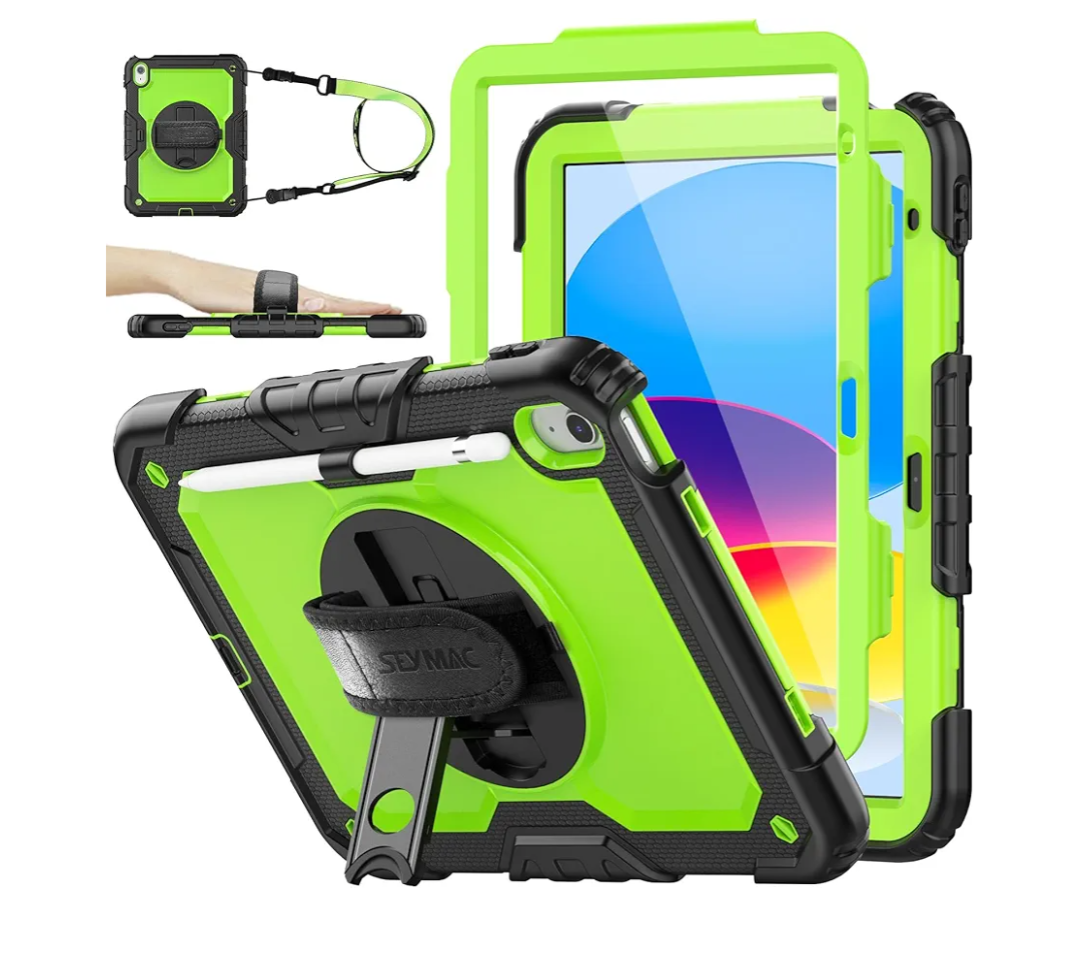 SEYMAC stock Case for iPad (A16) 11th/10th Generation 11''/10.9'' 2025/2022, Full-Body Drop Protection Case with Screen Protector &360° Rotate Hand Strap/Stand, Green+Black
