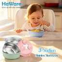HaWare Baby Bowls with Suction, Stainless Steel Toddler Bowl with Removable Silicone Sleeve, Non-Slip Child Food Bowl with Silicone Suction, Unbreakable Kids Bowls for Feeding, Blue+Green+Pink, 3 Pack