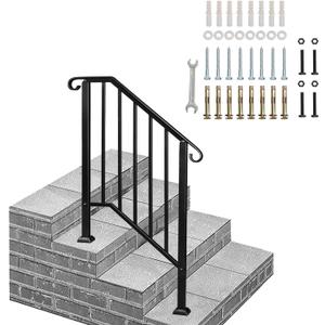 Outvita Handrails for Outdoor Steps, Black Wrought Iron Handrail Fits 2 or 3 Steps, Transitional Handrail with Installation Kit, Stair Railing for Concrete Steps or Wooden Stairs