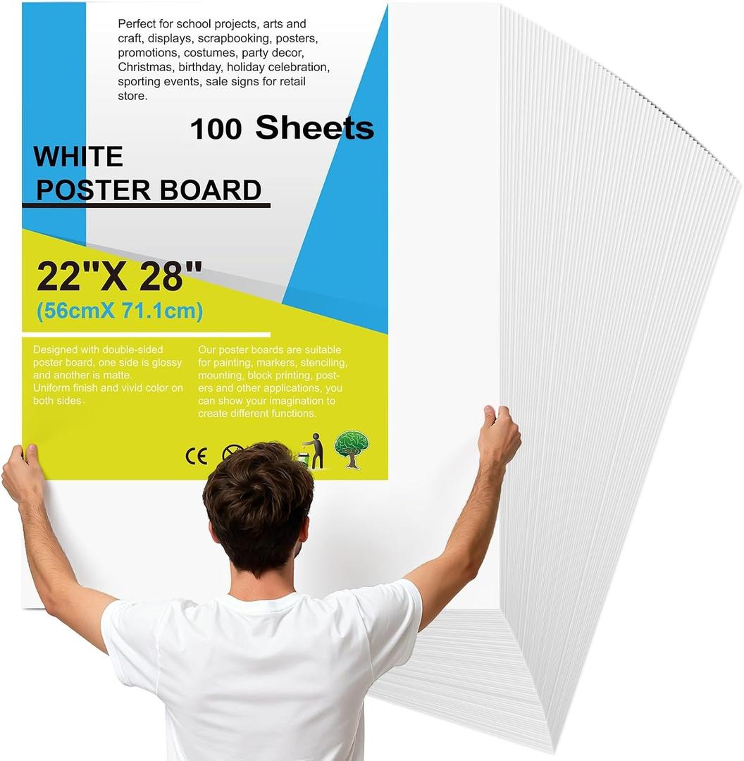 100Pcs 22" x 28" Poster Board White Poster Paper Bulk ROOKEA 250 GSM Thickness Vision Boards Smart Poster Board for School Arts Craft Projects Presentations Drawing Scrapbooking Blank Graphic Display