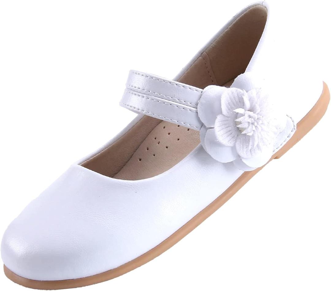 EIGHT KM Toddler Girls Dress Shoes Girls Mary Jane Shoes | Mary Jane Flats - Ballet Flats Party, Flower Girl, Wedding Dress Shoes for Girls Comfortable & Non-Slip Design for Ages up to 7 (Camellia Lustrous White), Size: 6 Toddler