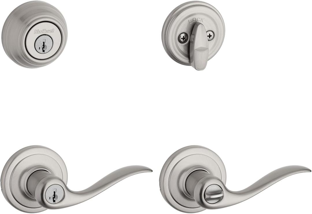 Kwikset 991 Tustin Entry Lever and Single Cylinder Deadbolt Combo Pack featuring SmartKey in Satin Nickel, Model Number: 99910-040