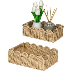 CubesLand Scalloped Edge Decor Baskets for Home, Living Room, Toilet Paper Storage Basket for Over Toilet Shelf, End Table,Shelves and More, Small Paper Rope Baskets Both Storage&Decor, Set 2 Beige