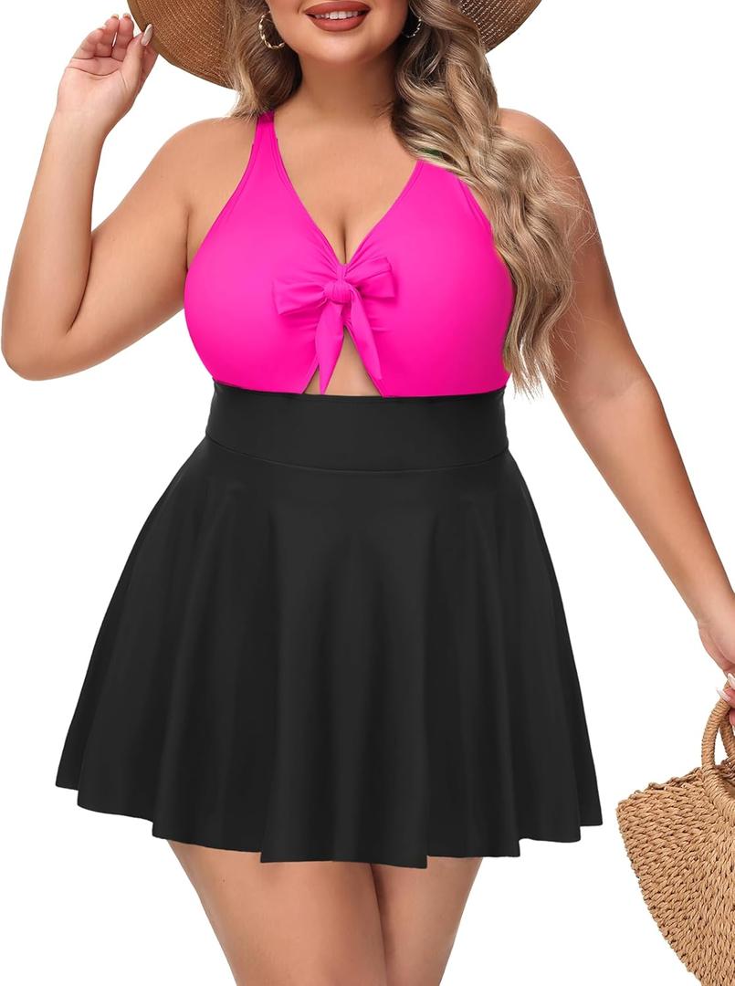 NIeyook Plus Size One Piece Swimsuit Women V Neck Cutout Sexy Swim Dress High Waist Tummy Control Bathing Suit, Size 24W