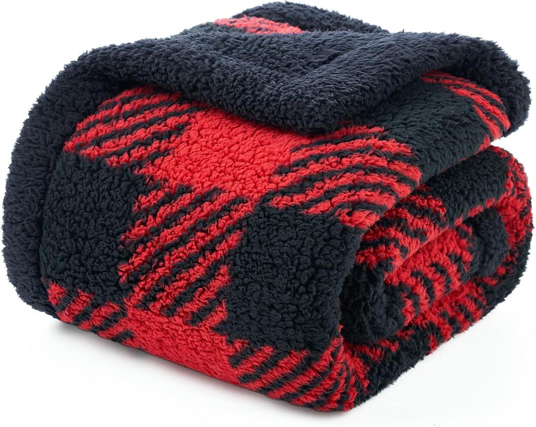 Cozy Bliss Ultra Soft Reversible Double Sherpa Sided Blanket, Buffalo Plaid Throw Blanket Fluffy Thick Warm Plush Fuzzy Blanket for Couch, Bed and Gifts (Red/Black Buffalo Check, 50" x 60") (Throw(50" x 60"))