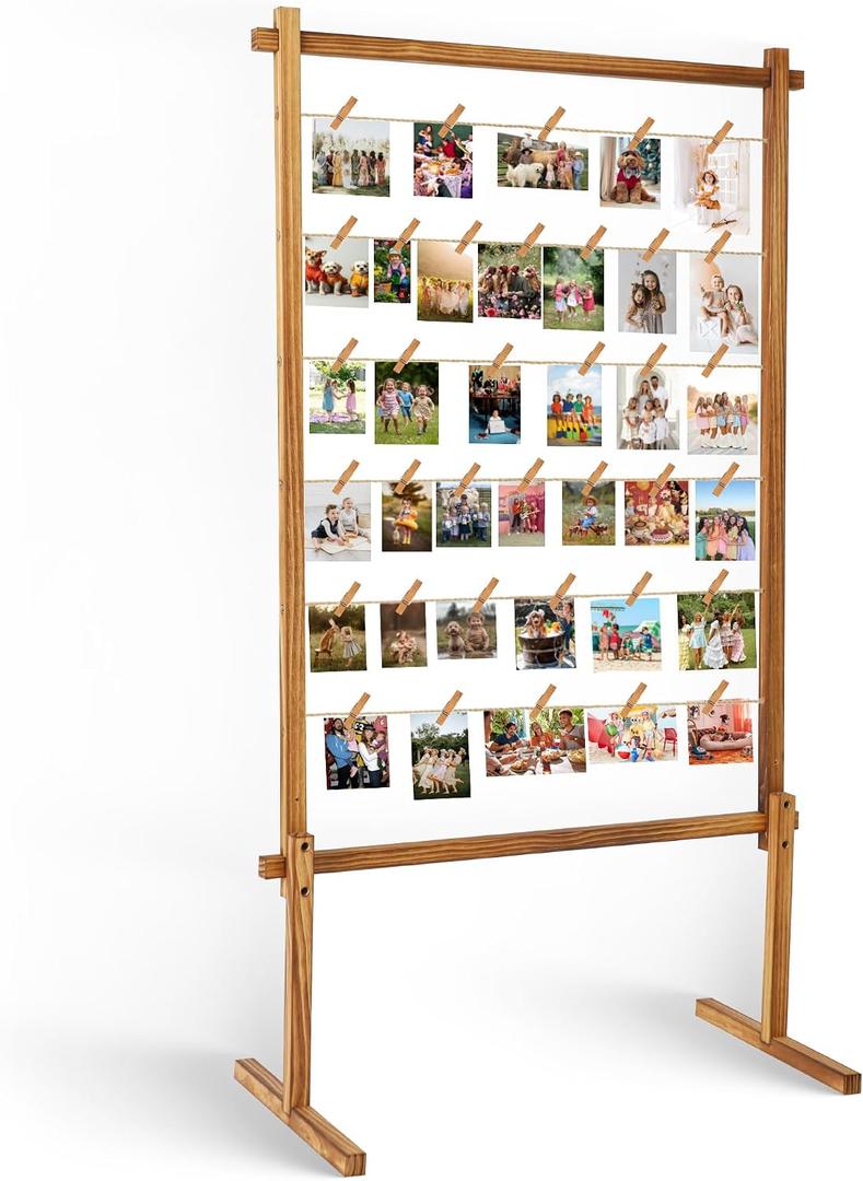Collage Picture Frame,Photo Display Board with Clips,Wood Pictures Photos Frames With Stand for Wedding Graduation Party Birthday Greeting Letter Postcards Christmas Cards Holder Organizer,53 inch, Standing