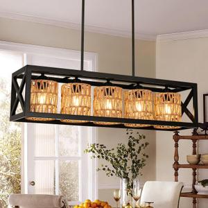Boho Island Light Fixture, 5-Light Rattan Kitchen Chandelier, Farmhouse Woven Large Coastal Wicker Wood Bamboo Bohemian Rustic Rectangle Black Linear Pendant Lights Over Table for Kitchen Island