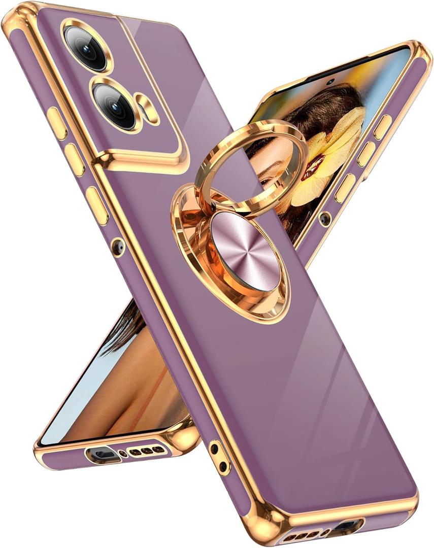 LeYi for Motorola Moto Edge 5G 2024 Case: NOT FIT Edge 50/ G 5G 2024 with 360 Rotatable Ring Holder Magnetic Kickstand, Plating Rose Gold Edge Protective for Motorola Edge 2024 Case, Purple