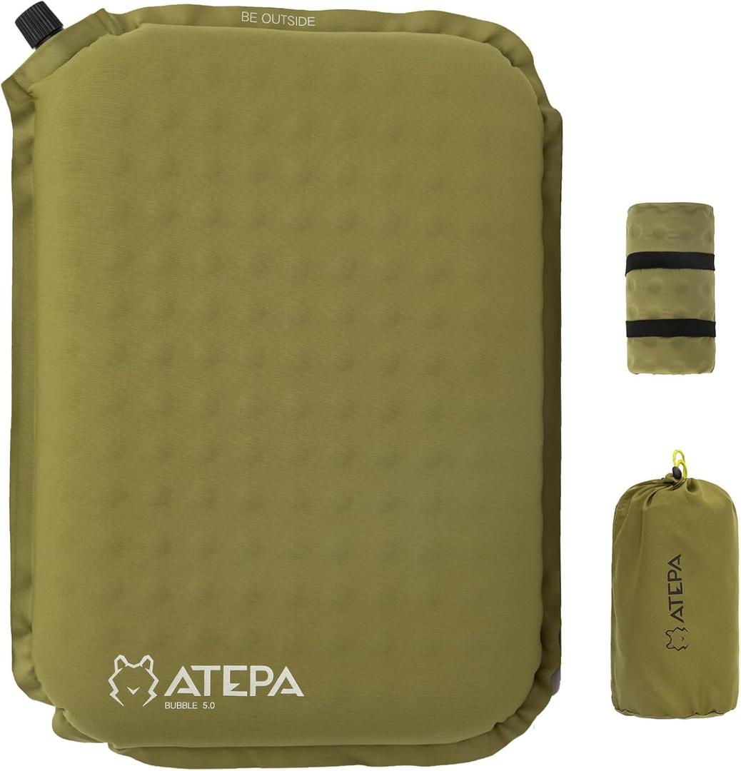 ATEPA Inflatable Seat Cushion, Self-Inflating Portable Stadium Airplane Travel Foam Cushion Pad for Camping, Sports Events, Outdoor (1 Pack Olive)