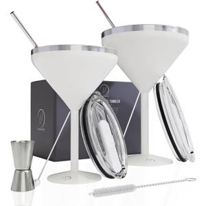 Insulated Martini Glass Set of 2 8 oz Stainless Steel Unbreakable Cocktail Glasses, Stemless Double Wall Cups with Lids, Straws & Picks - Wedding Gift for Newlyweds, Engagement - CREAM