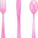 WDF 180 Pieces Pink Plastic Silverware Disposable - Clear Pink Cutlery Sets 60 Forks, 60 Knives and 60 Spoons - Heavy Duty Disposable Utensils for Wedding, Party
