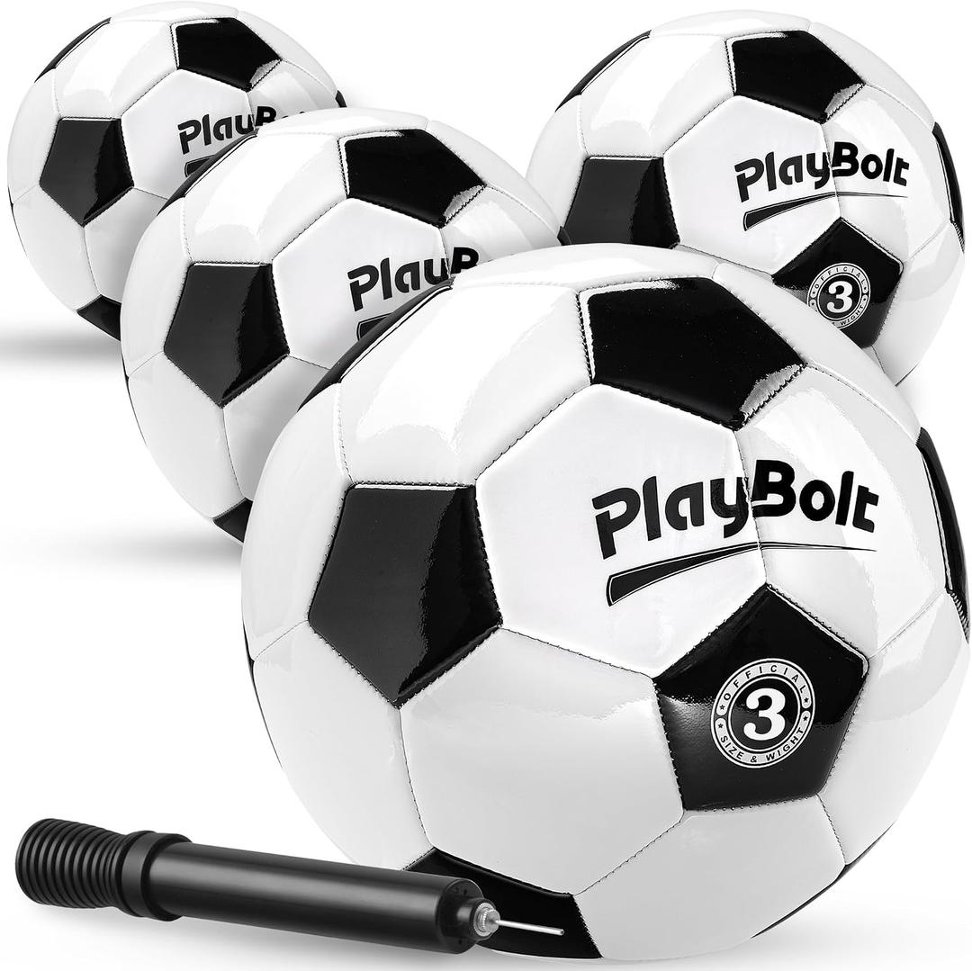 PlayBolt Soccer Ball Size 3 with Pump - Black & White Training Practice & Match Ball for Kids (Pack of 4)