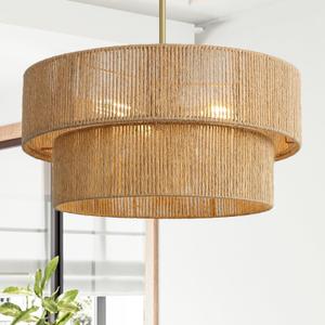 18'' Boho Rattan Chandelier Hand Woven Chandelier Light Fixture 3-Light Farmhouse Drum Pendant Light for Dining Room Bedroom Kitchen Hallway Foyer