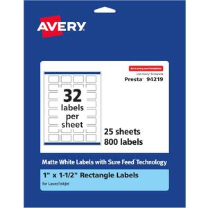 Avery Matte White Rectangle Labels, Sure Feed Technology, 1" x 1.5", 800 Matte White Printable Labels
