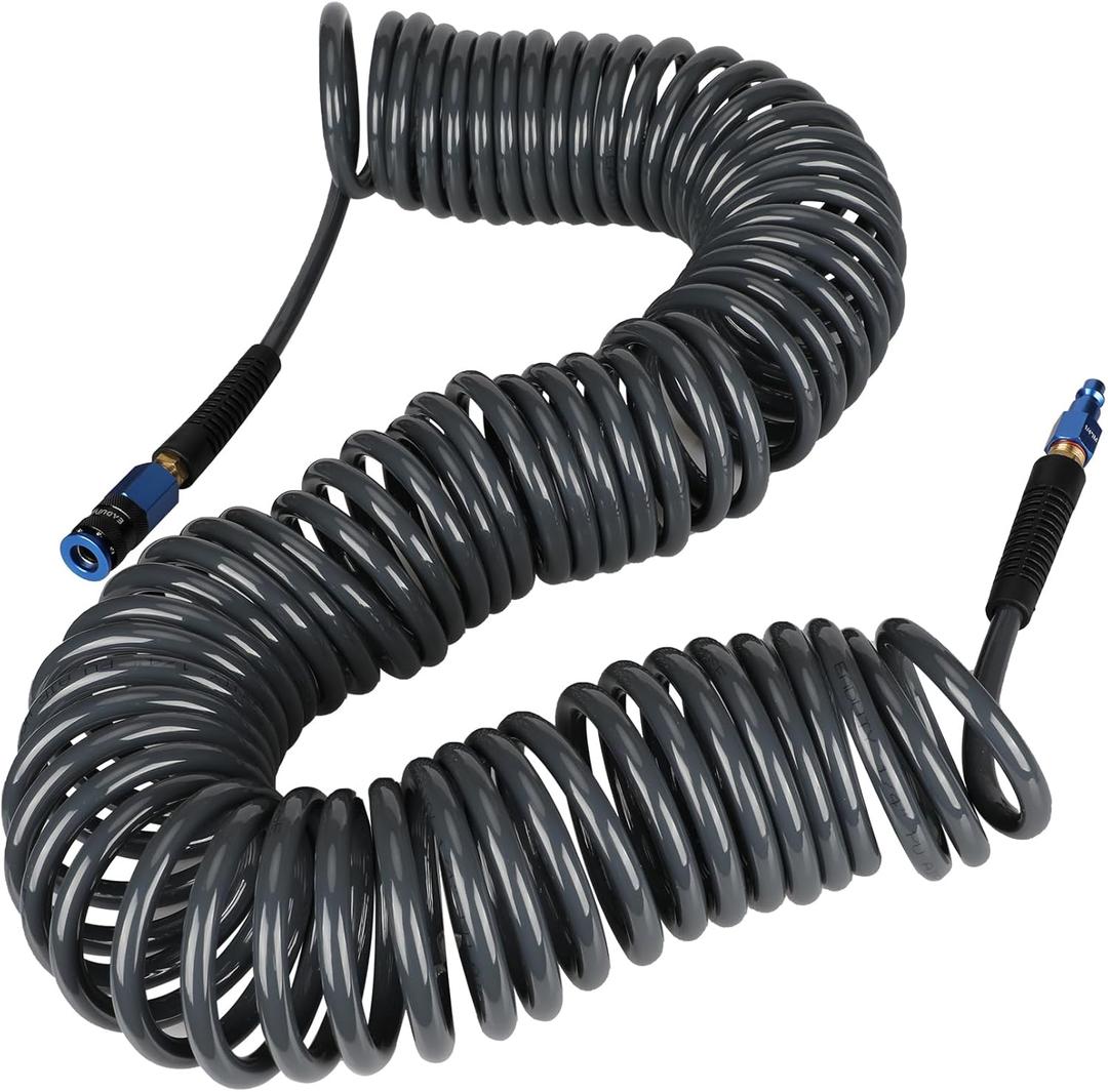 Heavy Duty Polyurethane Recoil Air Hose 1/4 in x 50 ft, Lightweight, Flexible Compressor Hose with Universal Quick Coupler, Plug and Bend Restrictors, Gray