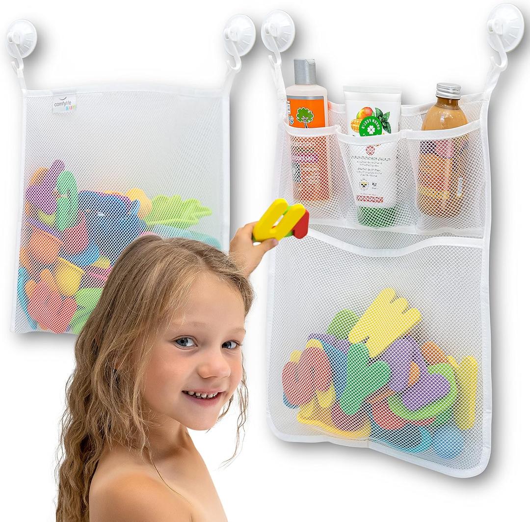 2 x Mesh Bath Toy Organizer + 8 Ultra Strong Hooks  The Perfect Bathtub Toy Holder & Bathroom or Shower Caddy  These Multi-use Net Bags Make Baby Bath Toy Storage Easy  For Kids & Toddlers