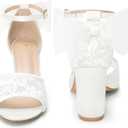 Perphy Lace Open Toe Bow Ankle Strap Block Heel Sandals for Women (8, White)