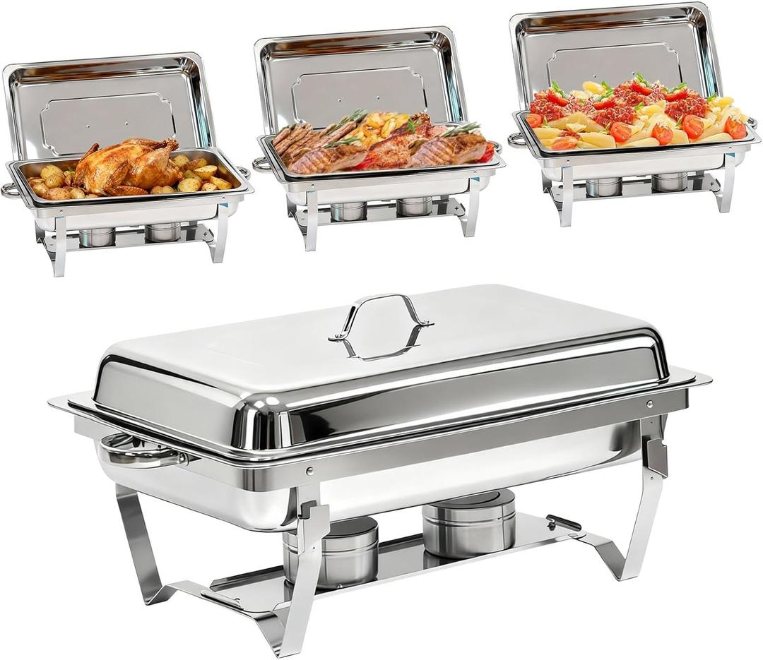 304 Stainless Steel Chafing Dishes for Buffet 4Pack, 9QT Chafing Dish Buffet Set, Food Warmers for Parties Buffet, Buffet Servers and Warmer, Warming Trays for buffets party, Roll Edge Designed Silver
