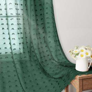 Guken Sheer Curtains 63 Inch Length Set of 2 Panels for Living Room Bedroom 38 Inch Width Farmhouse Boho Drapes Light Filtering Pom Pom Curtains Tufted Semi Sheer Kids Rod Pocket, Emerald Green, W38xL63