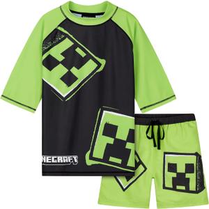 Minecraft Boys 2 Piece Swim Set, Swimming Top and Boys Swim Trunks (9-10 Years, Light Green/Black)