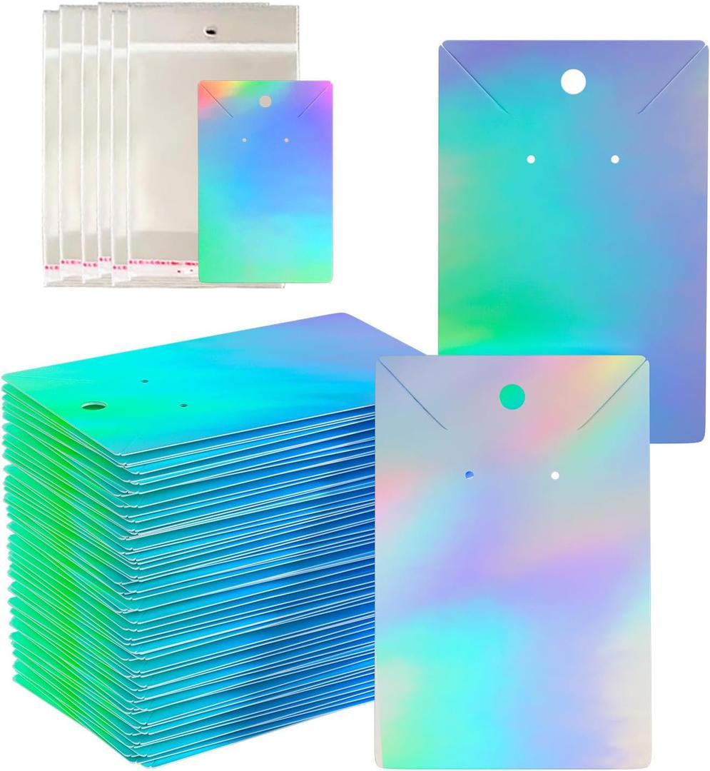 300pcs Holographic Earring Card Holder Paper Tags for DIY Ear Studs Necklace Jewelry Display,150 Set Earring Card with 150 Pcs Bags