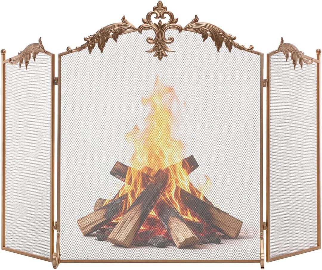 BEAMNOVA Fireplace Screen, Gold, 50 x 32 in, Fringed Iris Décor