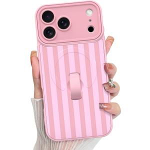 KANGHAR Compatible with iPhone 17 Pro Case, Support for MagSafe, Silicone Stripes Cute Pattern, Wristband Kickstand Camera Protection Soft Slim Cover for Girls Women -Pink