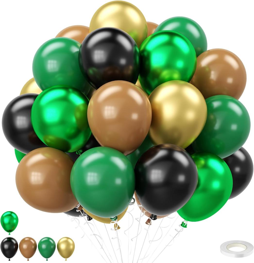 3 x Green and Brown Balloons, 12Inch Dark Green Black Balloons for Camouflage Jungle Theme Birthday Baby Shower Army Party Decorations