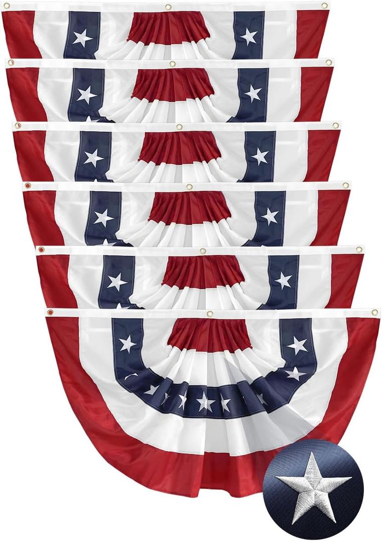 6Pack American USA Pleated Fan Flag, 2x4 Feet American USA Bunting Decoration Flags Embroidered Patriotic Stars & Sewn Stripes Canvas Header Brass Grommets