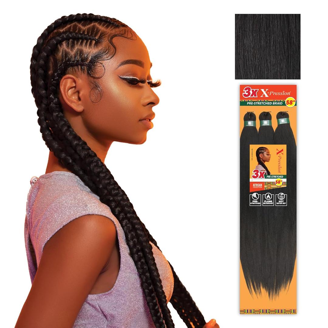Sensationnel X-pression prestretched braiding hair - 3x braid 58 inch all kanekalon flame retardant synthetic braid for box braids and twists (3 pack, 1B OFFBLACK)