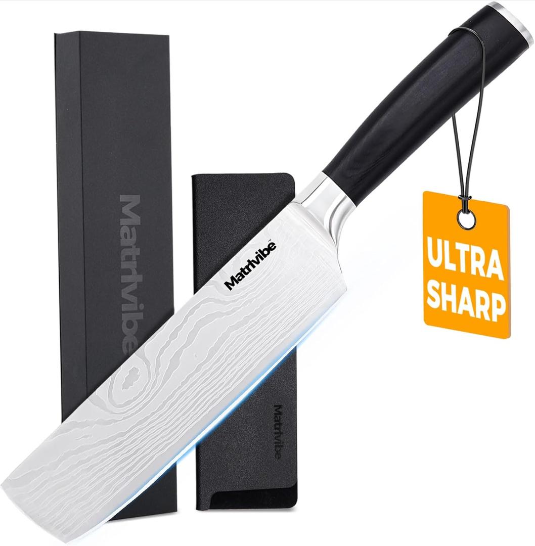 Nakiri Knife - 7 Razor Sharp Vegetable Cleaver, High Carbon Steel Kitchen Knife,Multipurpose Japanese Chef Knife for Meat Chopping with Premium Pakkawood Handle, Gift Box and Sheath