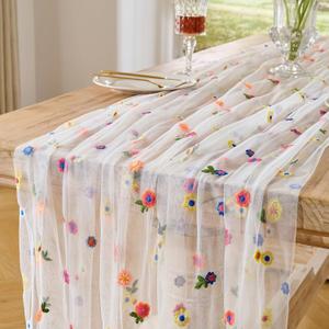 BINBE 6pcs Ivory Daisy Spring Table Runner Embroidery Gauze 10FT Florals Seasonal Tulle Holiday Birthday Kitchen Dining Table Decor for Home Party