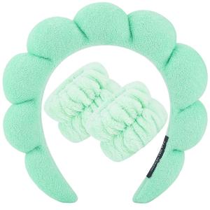 2 x Zkptops Spa Headband for Washing Face Wristband Set Sponge Makeup Skincare Headband Wrist Towels Bubble Soft Hairband for Women Puffy Headwear Winter Non Slip Thick Thin Hair Accessory(Light Green-3)
