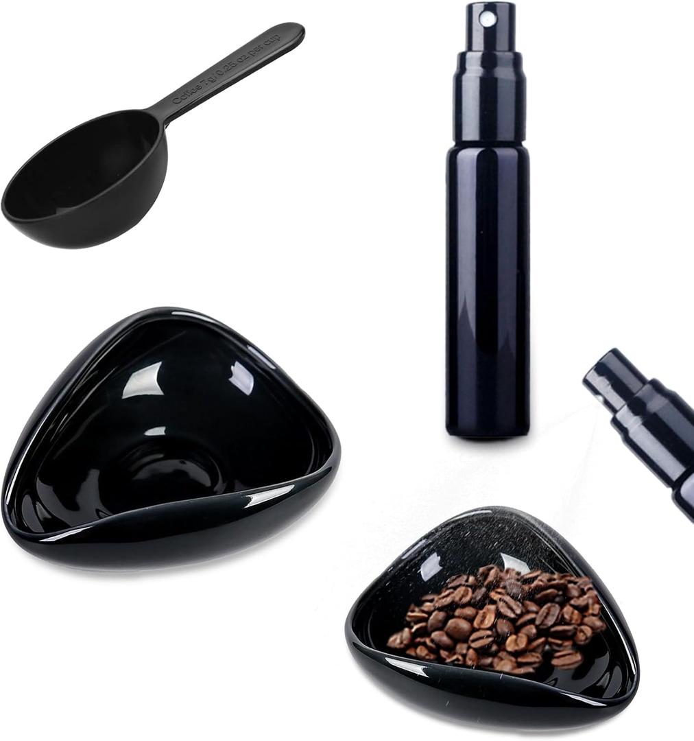 2 x 3 PCS Coffee Dosing Cup and Spray Bottle with a Spoon Kit Espresso Barista Accessories Ceramic Dosing Tray for Ground Coffee or Tea Mister Spray Bottle Reducing Static Barista Tool Set