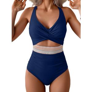 B2prity One Piece Swimsuit for Women Tummy Control V Neck Bathing Suit Color Block High Waisted Cutout Swimwear (Medium)