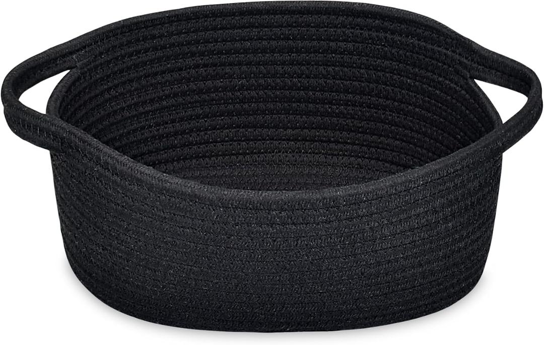 ABenkle Small Basket with Handles - Decorative Durable Rope Woven Storage Bin Shelf Storage Organizer Cube, Easter Baby Gift Basket, 12"x8"x5", Black