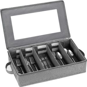 Flatware Utensil Storage Case, Silverware Storage Box Chest with Adjustable Dividers, Cutlery Storage Holder with Zipper Lid for Organizing Cutlery, Flatware, Knives, Large Capacity Gray, 17" x 10.5" x 4"