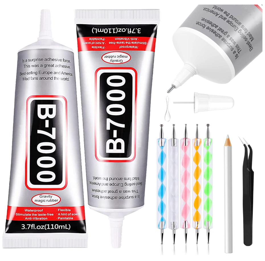 B7000 Adhesive Rhinestones Glue for Crafts, 1PC 110ml / 3.7 fl oz with 5 Dotting Pen Tool, Wax Pencil and Tweezer, Jewelry Glue for DIY Craft, Makeup, Shoes, Jewelry Making, Nail Art