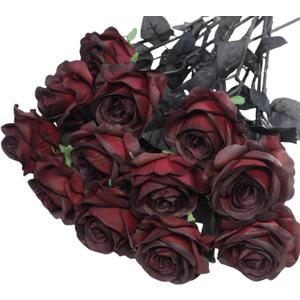 Artificial Roses Flowers, 12 Pcs Fake Burgundy Rose in Bulk, Long Stem Realistic Silk Roses Bouquet for Halloween Decoration, Fall Home Decor, Centerpieces, Flower Arrangement (Burgundy, 12-PCS)