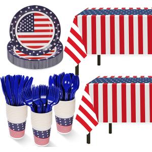 Childom Patriotic Party Supplies,152Pcs American Flag Themed Party Set,Patriotic Party Decorations,American Flag Tablecloth,4th of July Plates Cups,Red White and Blue Decor for Outside,Picnic,Memorial