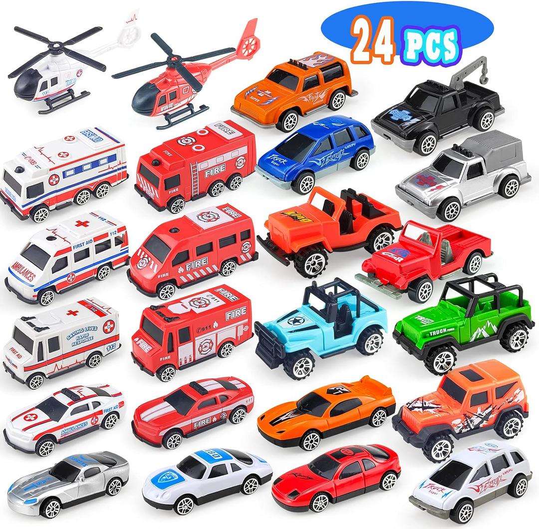 24 Pack Mini Car Toys for Toddlers 1-3, Toy Cars Bulk Goodie Bags Fillers Party Favors for Kids 3-5, Play Truck Car Toys Fire Trucks Ambulance Police Helicopter Toy Birthday Gift