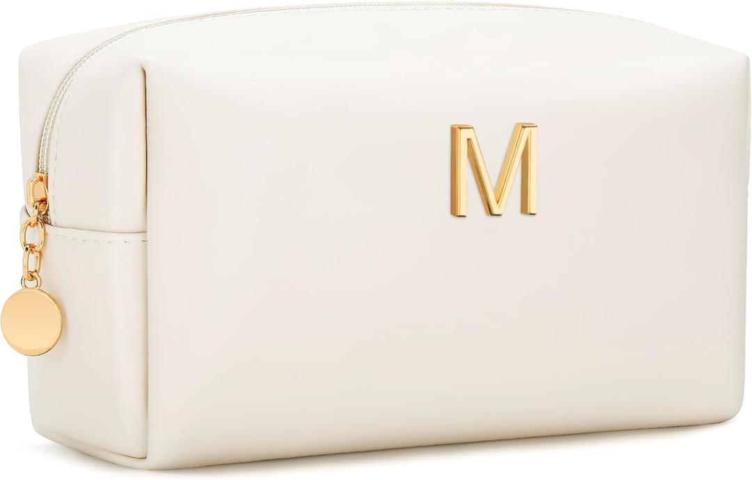 Gifts for Women Bridesmaid Gifts Personalized Initial Makeup Bag PU Leather Cosmetic Waterproof Travel Toiletry Bag (Beige M)