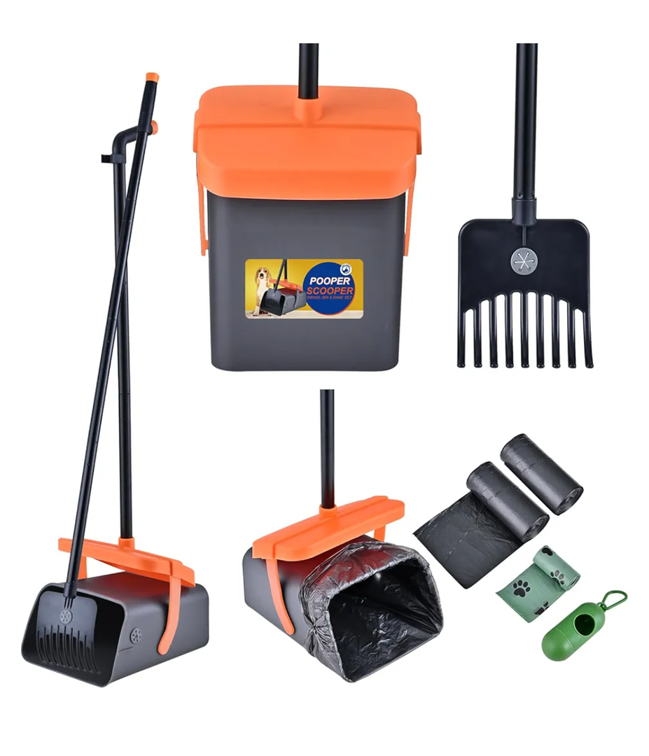 Dog Pooper Scooper Swivel Bin & Rake Kit with 55 Waste Bags, 46" Long Handle Adjustable Portable Non-Breakable Poop Scooper Easy to Clean Pet Waste