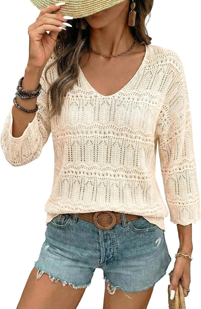 SHEWIN Womens Tops Casual V Neck Short Sleeve Sweater Lightweight Crochet Shirt Hollow Out Knit Summer Top Beach Vacation Cruise Outfits for Women 2026 Spring Clothes, US 4-6(S), Beige
