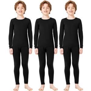 Silkfly Boys Thermal Underwear Set Base Layer Fleece Lined Underwear for Kids Shirt and Pants for Boys Winter (Large, Black, Set of 3)