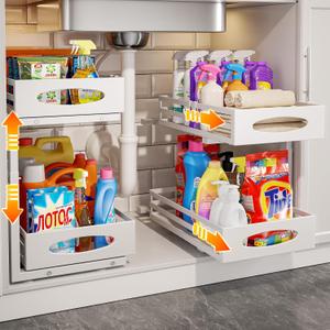 Under Sink Organizer, Pull Out Cabinet Organizers, Slide Sink Steel Shelf Cabinet Storage Shelves, Under Sink Storage for Kitchen Bathroom Cabinet (White, 2 Pack)