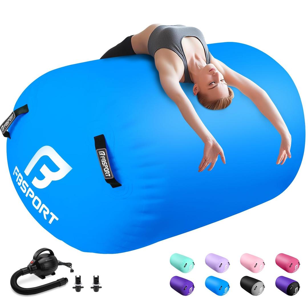 FBSPORT Air Roller Gymnastics Barrel, Inflatable Gymnastics Air Roller Inflatable Air Gymnastics Mat with Electric Pump for Yoga Cheerleading Training Home Outdoor Use (47x35inch Blue)
