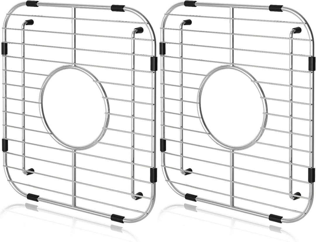 Orgneas Sink Protectors for Kitchen Sink, Universal Double Bowl Sink Bottom Grid 13.2"x11.6"x1.25", 304 Premium Stainless Steel Kitchen Sink Protector Grid Sink Grate Rack Centered Drain 2 Packs