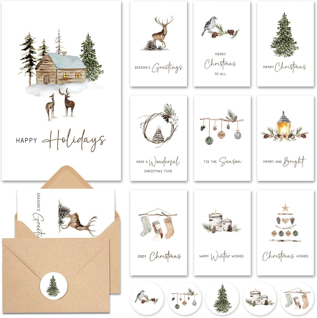 AUDREE Watercolor Woodland Christmas Cards with Envelopes & Matching Stickers (20 Pack 4"x6") - Thoughtful Gift Idea for Friends and Family - Perfect for Happy Holidays Card, Xmas Card